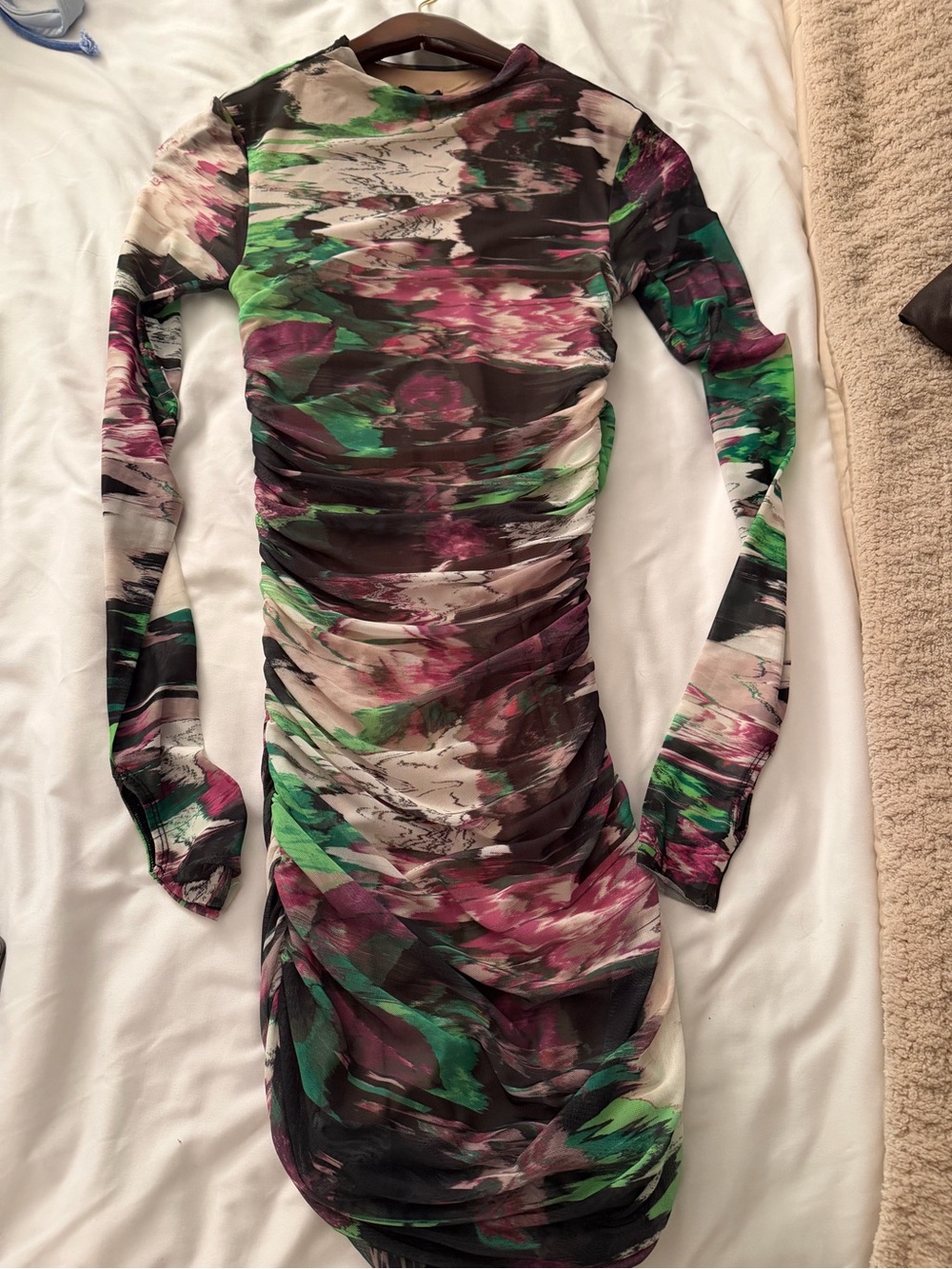 AFRM Long Sleeve Ruched Floral Print Dress - Green, Purple, Black